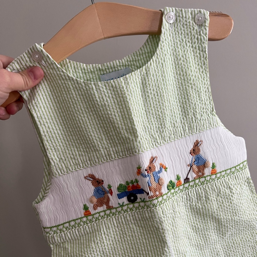 Green smocked Peter Rabbit onesie